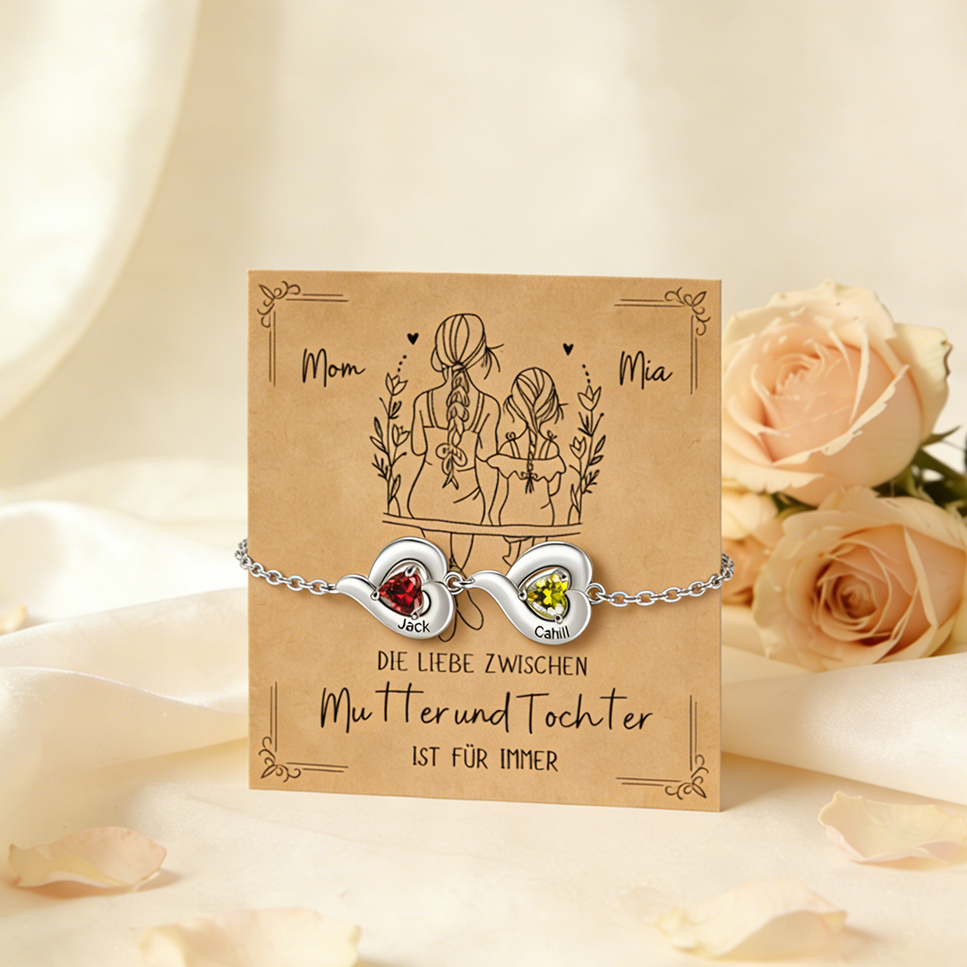 Personalisiertes Doppelherz-Geburtssteinarmband – individuell mit 2 Geburtssteinen und 2 Namen – Mutter-Tochter-Geschenk zum Muttertag, Geburtstag oder Weihnachten | Kettenmachen