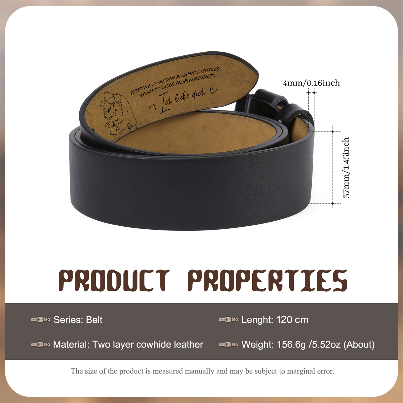 Personalisierter Herrenledergürtel mit gravierter Strichzeichnung nach Foto aus Rindsleder – Geschenk für Männer