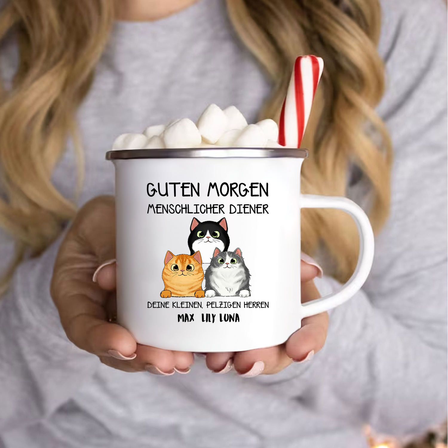Personalisierbare Emaille-Tasse – Lustige Katzen „Diener“