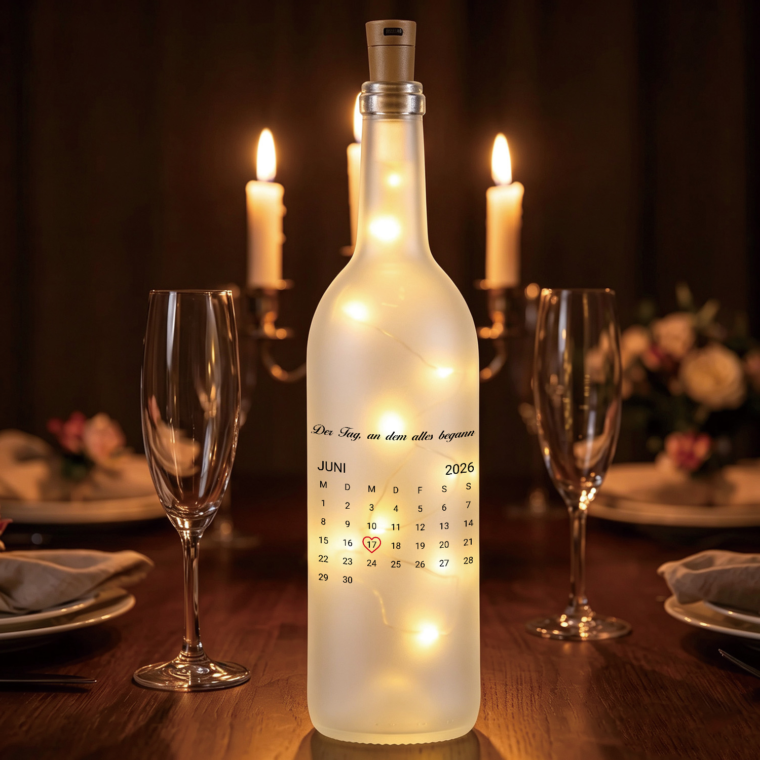 Personalisierte LED-Flaschenlampe mit zwei Namen und Wunschdatum Geschenk für Partner