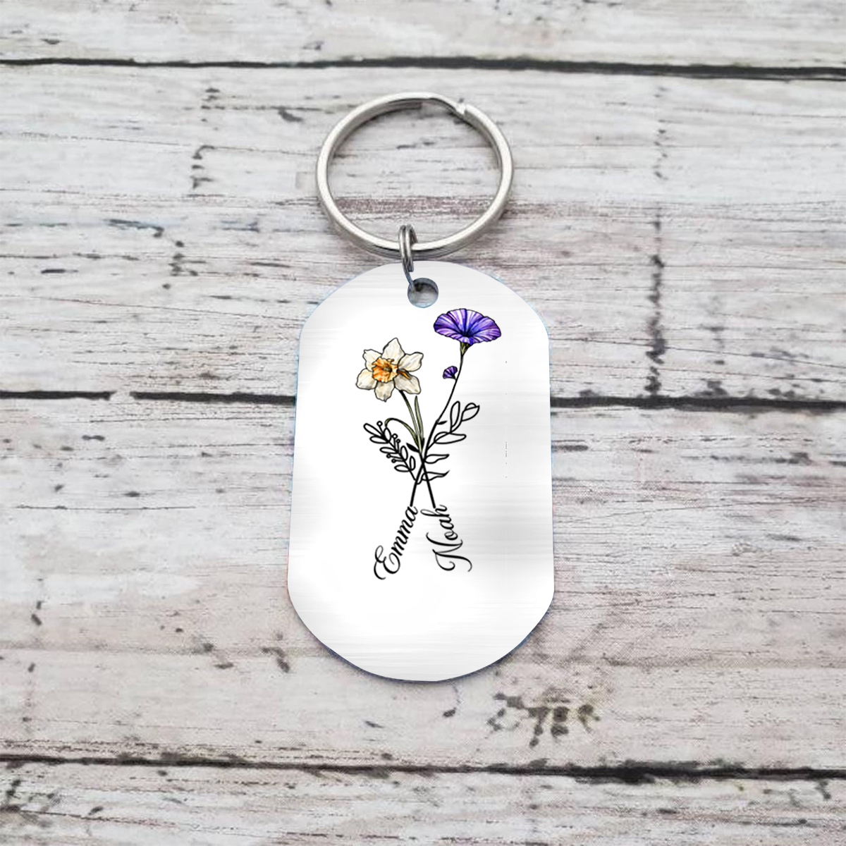 Personalisierter Schlüsselanhänger „Der Tag, an dem unsere Liebe erblühte“ mit Blumen, Namen & Kalender für Paare