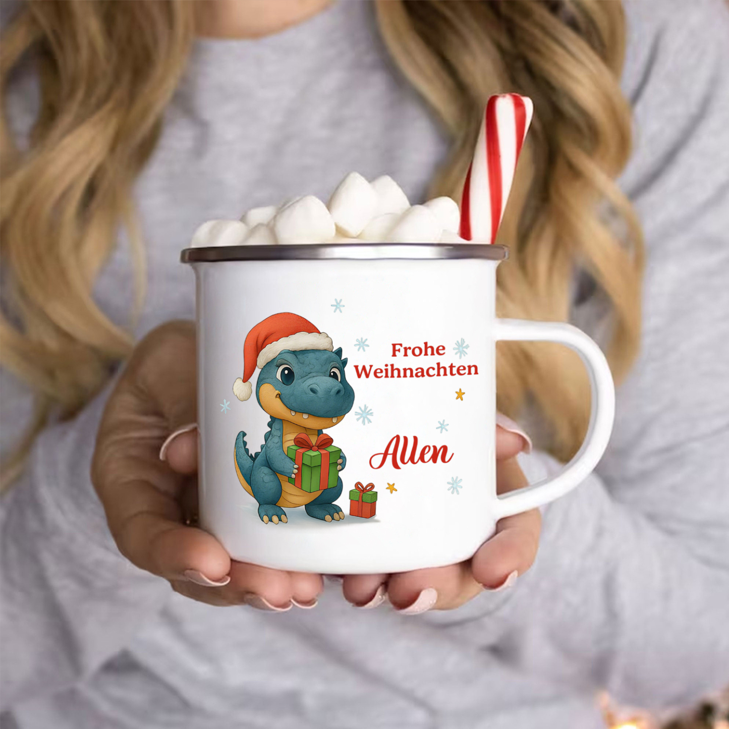 Personalisiert Weihnachts-Emailletasse, Tiermotiv — “Frohe Weihnachten”