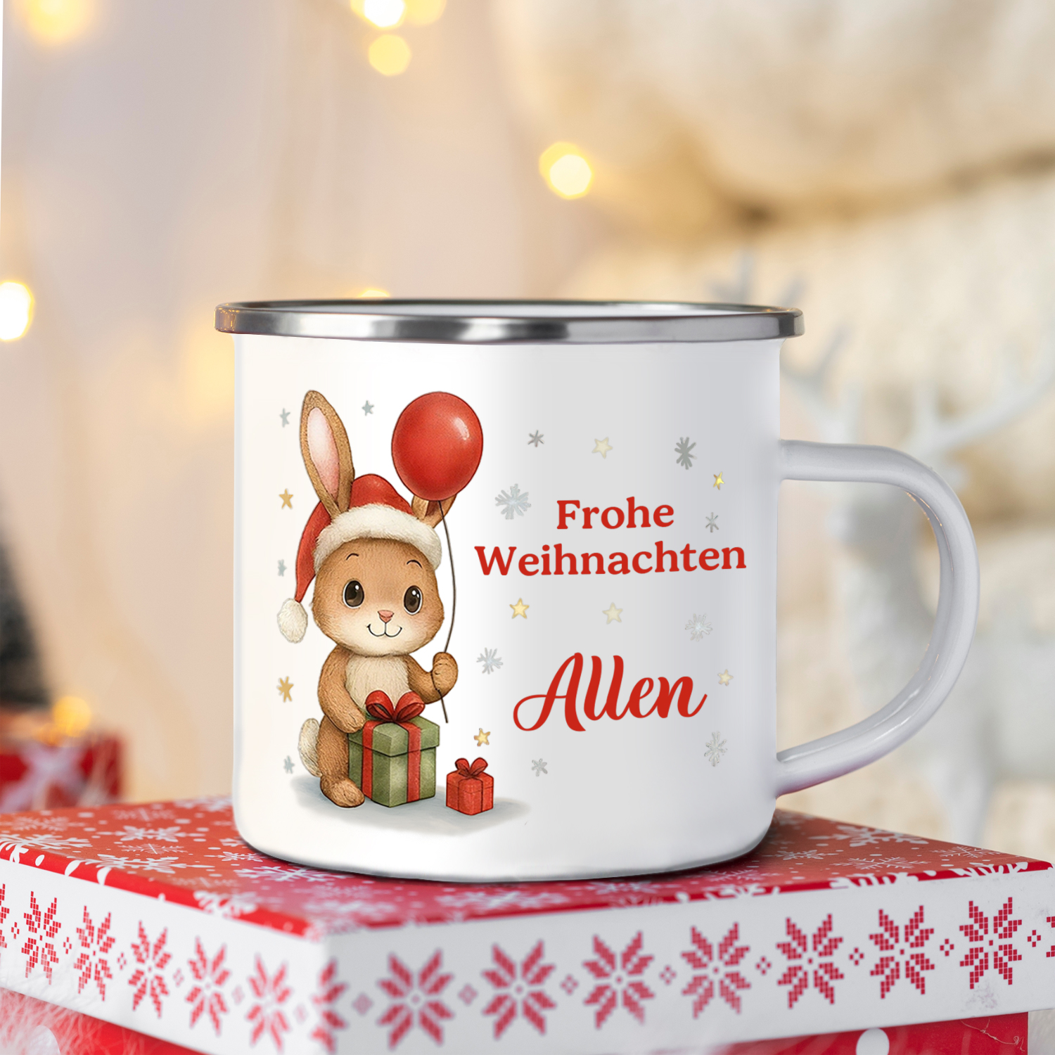 Personalisiert Weihnachts-Emailletasse, Tiermotiv — “Frohe Weihnachten”