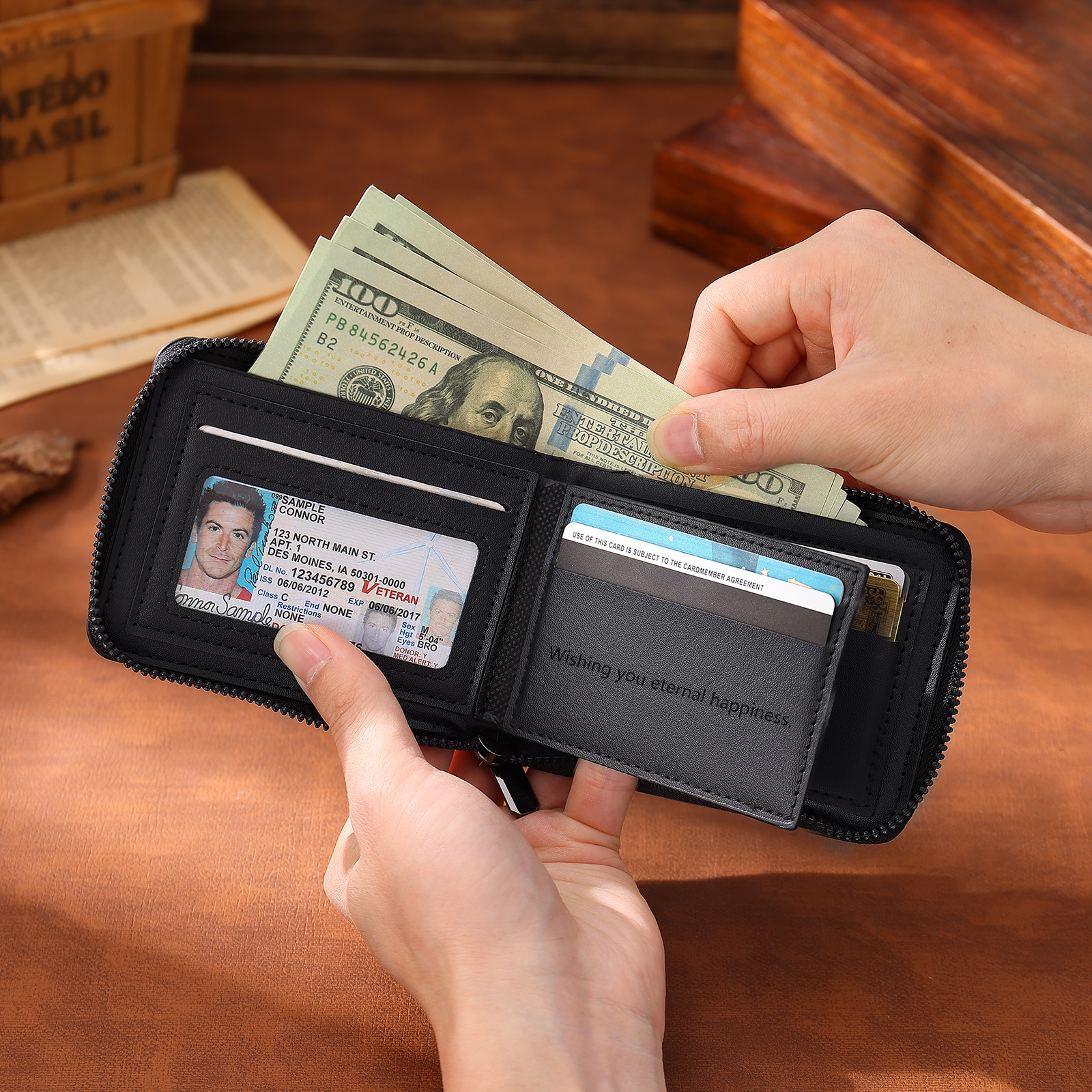 Personalisierte Herren Geldbörse aus PU‑Leder mit Reißverschluss – mit Foto, Kalender oder Namen