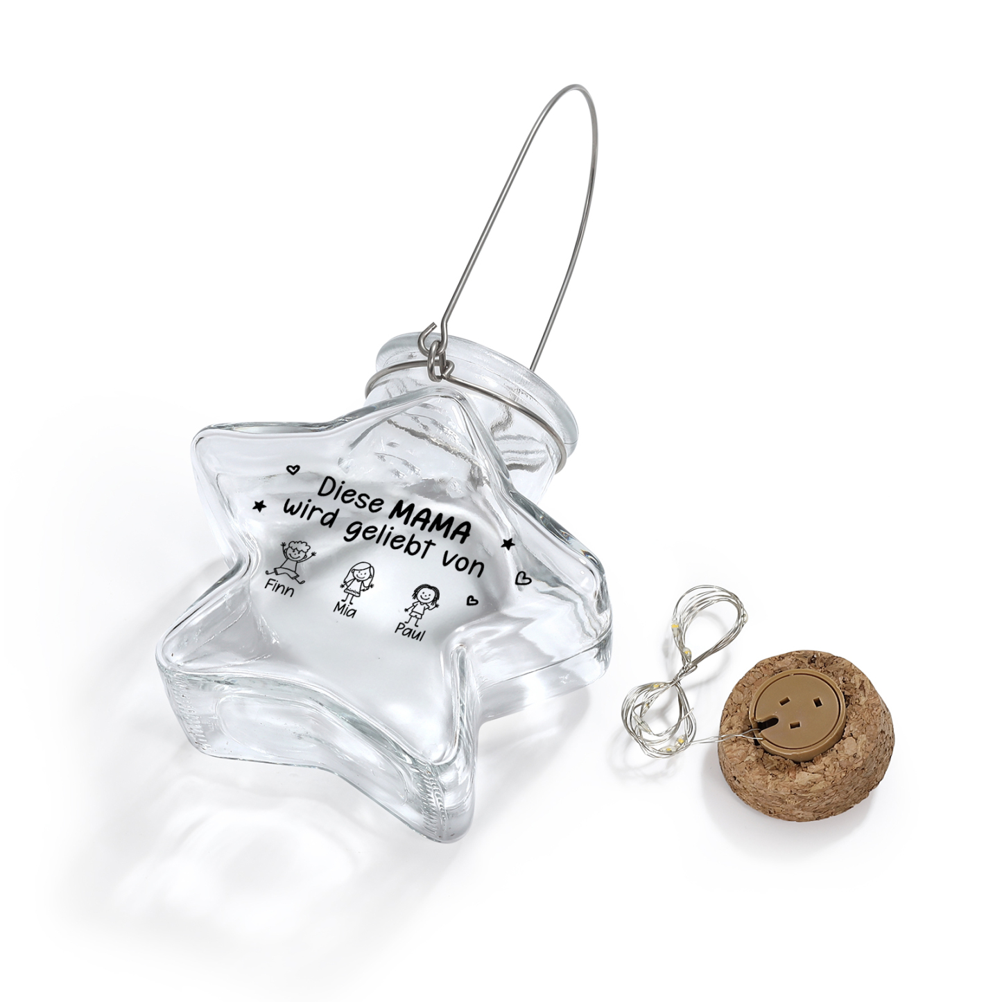 Personalisiertes Glasflaschen Stern-Leuchtglas mit Lichterkette Diese Mama wird geliebt von