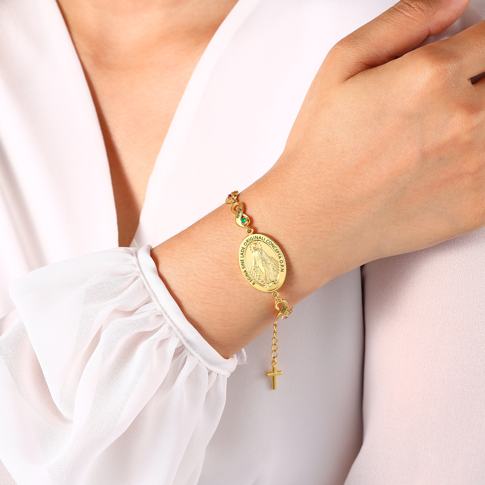 Personalisierbares Infinity-Armband aus Gold mit Marienmedaille & Geburtsstein