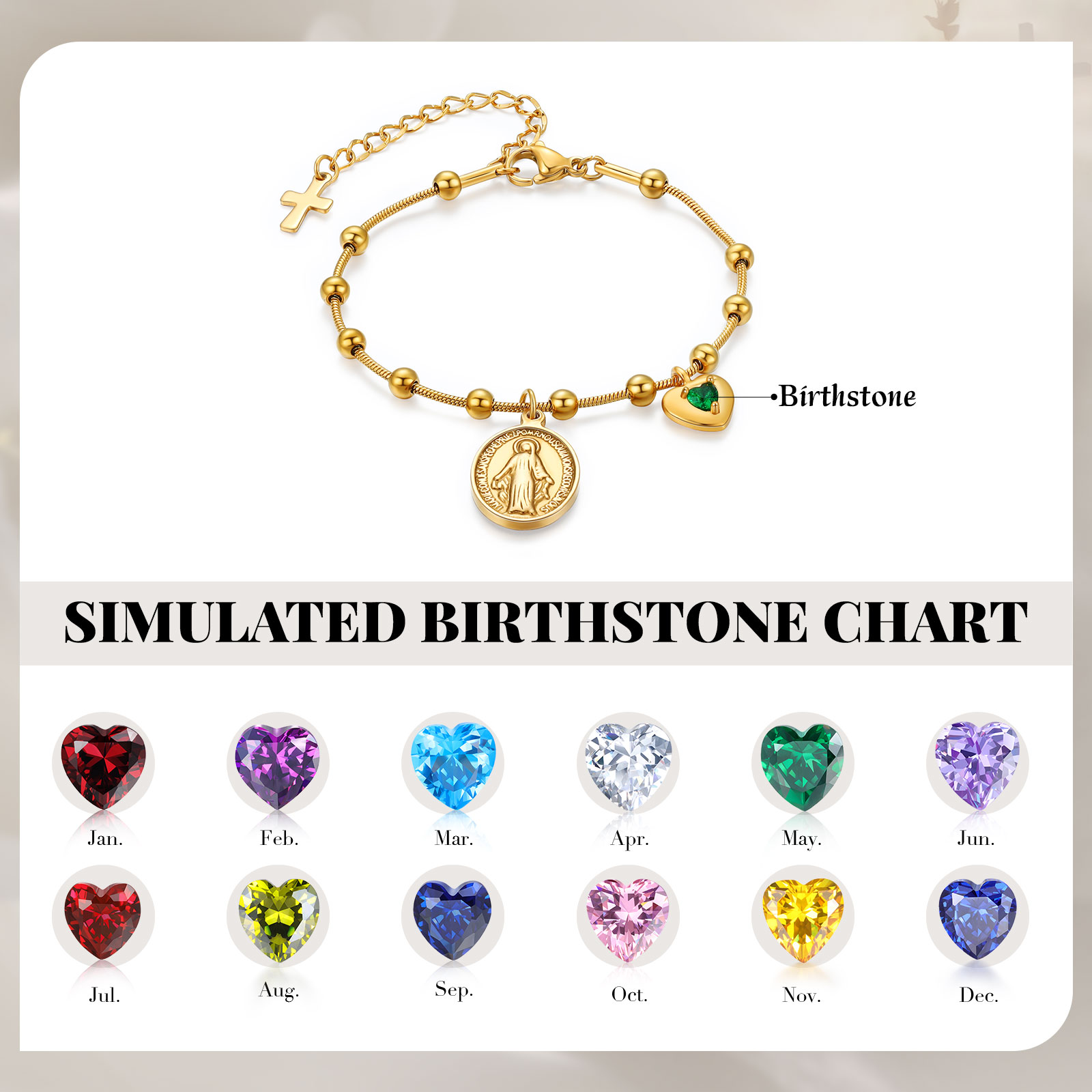 Personalisiertes Goldarmband mit Jungfrau Maria, Geburtsstein und Kreuz