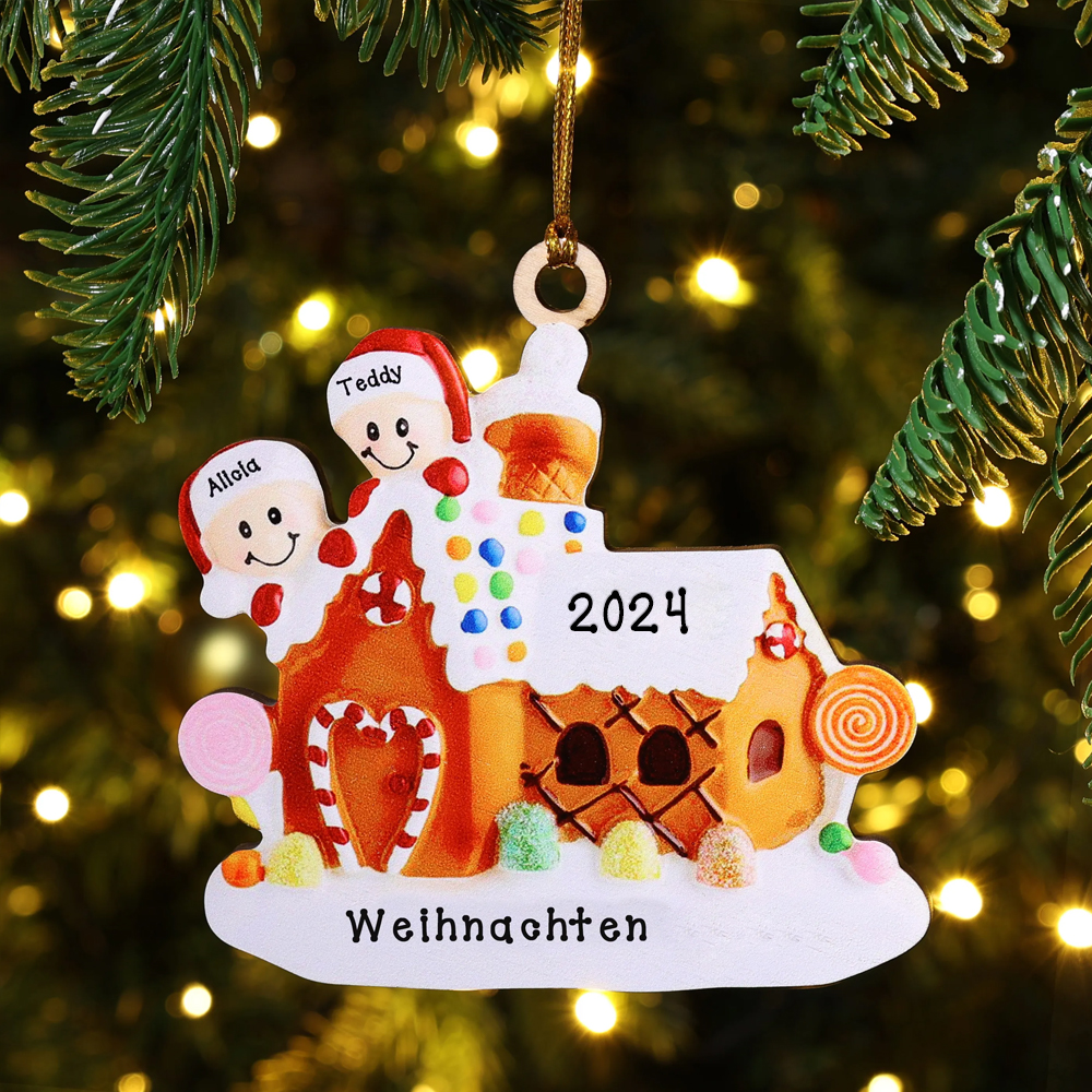 Holz Personalisiertes 2 Namen & Text & Jahr Weihnachtsornament Süßwarenhaus Anhänger mit 2 Kinder