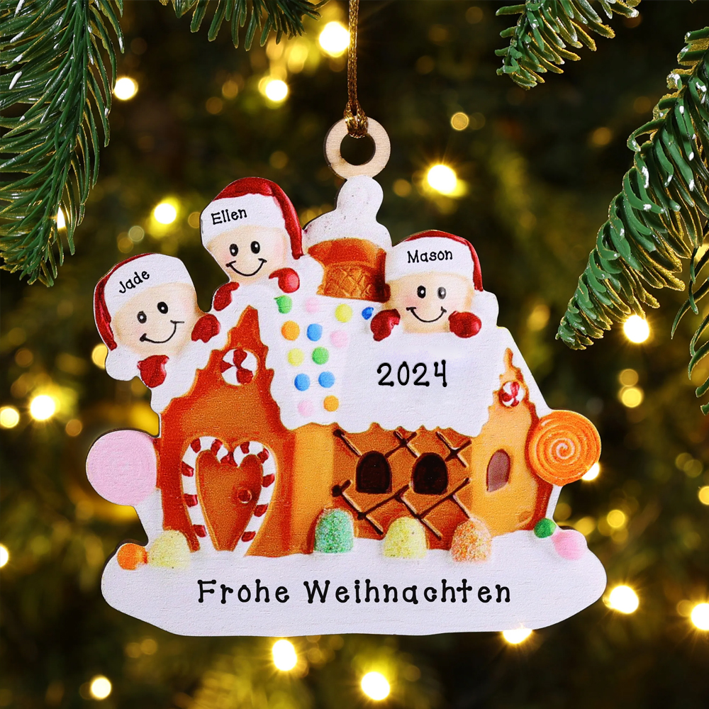 Holz Personalisiertes 3 Namen & Text & Jahr Weihnachtsornament Süßwarenhaus Anhänger mit 3 Kinder