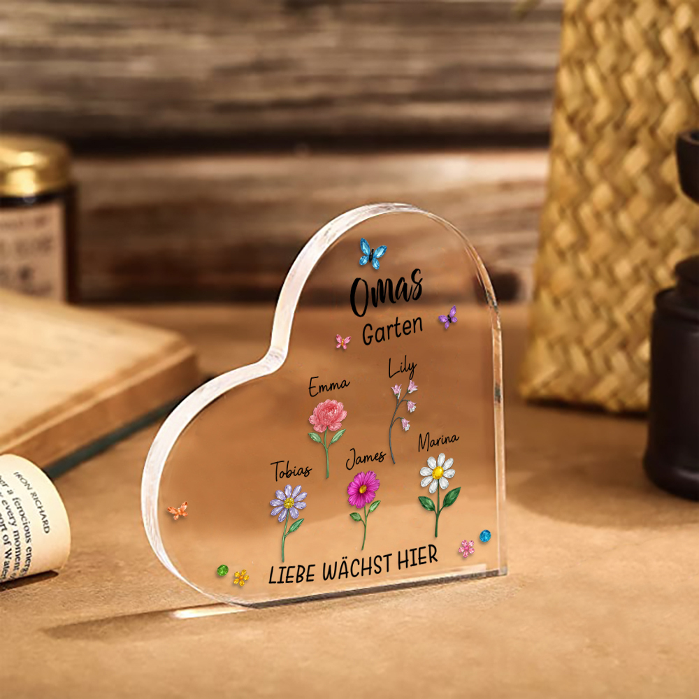 Personalisiertes Acrylherz „Mamas oder Omas Garten“ mit Geburtsblumen und Namen der Kinder