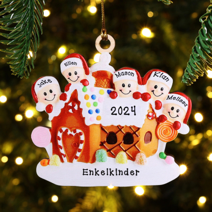 Holz Personalisiertes 5 Namen & Text & Jahr Weihnachtsornament Süßwarenhaus Anhänger mit 5 Kinder