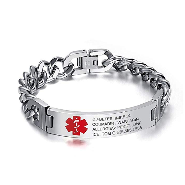 Personalisierte 4 Texte Edelstahl Notfall-Medizin-Armband in Silber/ S
