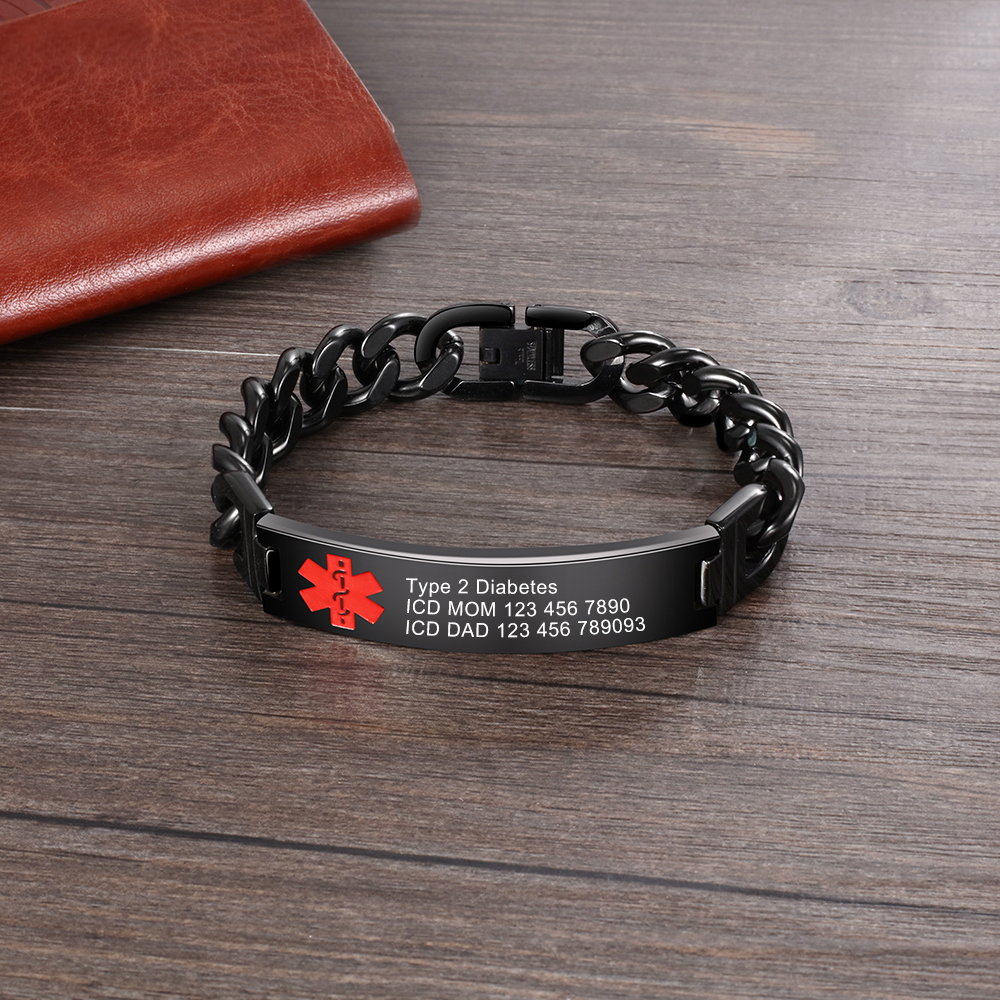 Personalisierte 4 Texte Edelstahl Notfall-Medizin-Armband in Silber/ Schwarz/ Golden Farben