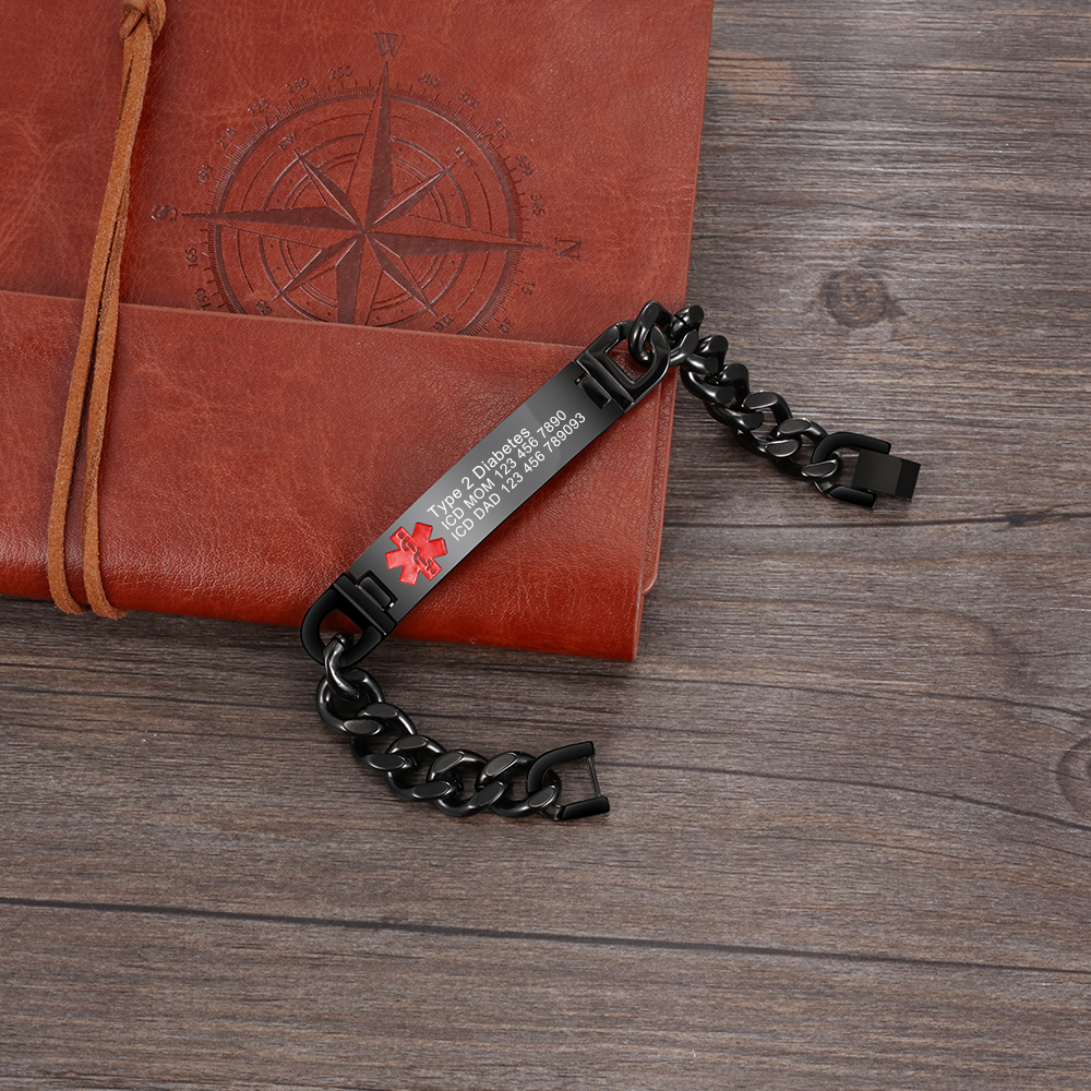 Personalisierte 4 Texte Edelstahl Notfall-Medizin-Armband in Silber/ Schwarz/ Golden Farben