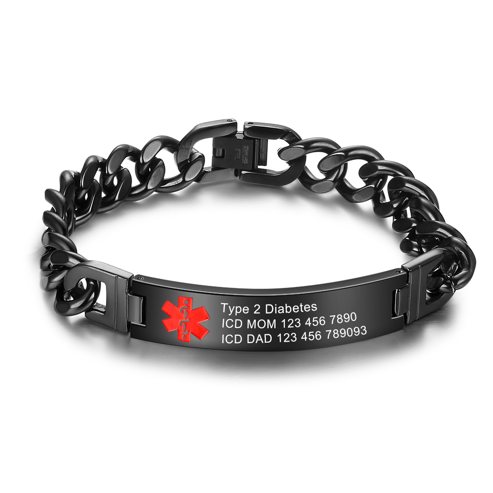 Personalisierte 4 Texte Edelstahl Notfall-Medizin-Armband in Silber/ Schwarz/ Golden Farben
