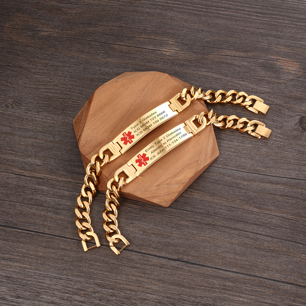 Personalisierte 4 Texte Edelstahl Notfall-Medizin-Armband in Silber/ Schwarz/ Golden Farben