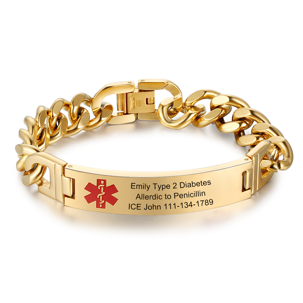 Personalisierte 4 Texte Edelstahl Notfall-Medizin-Armband in Silber/ Schwarz/ Golden Farben