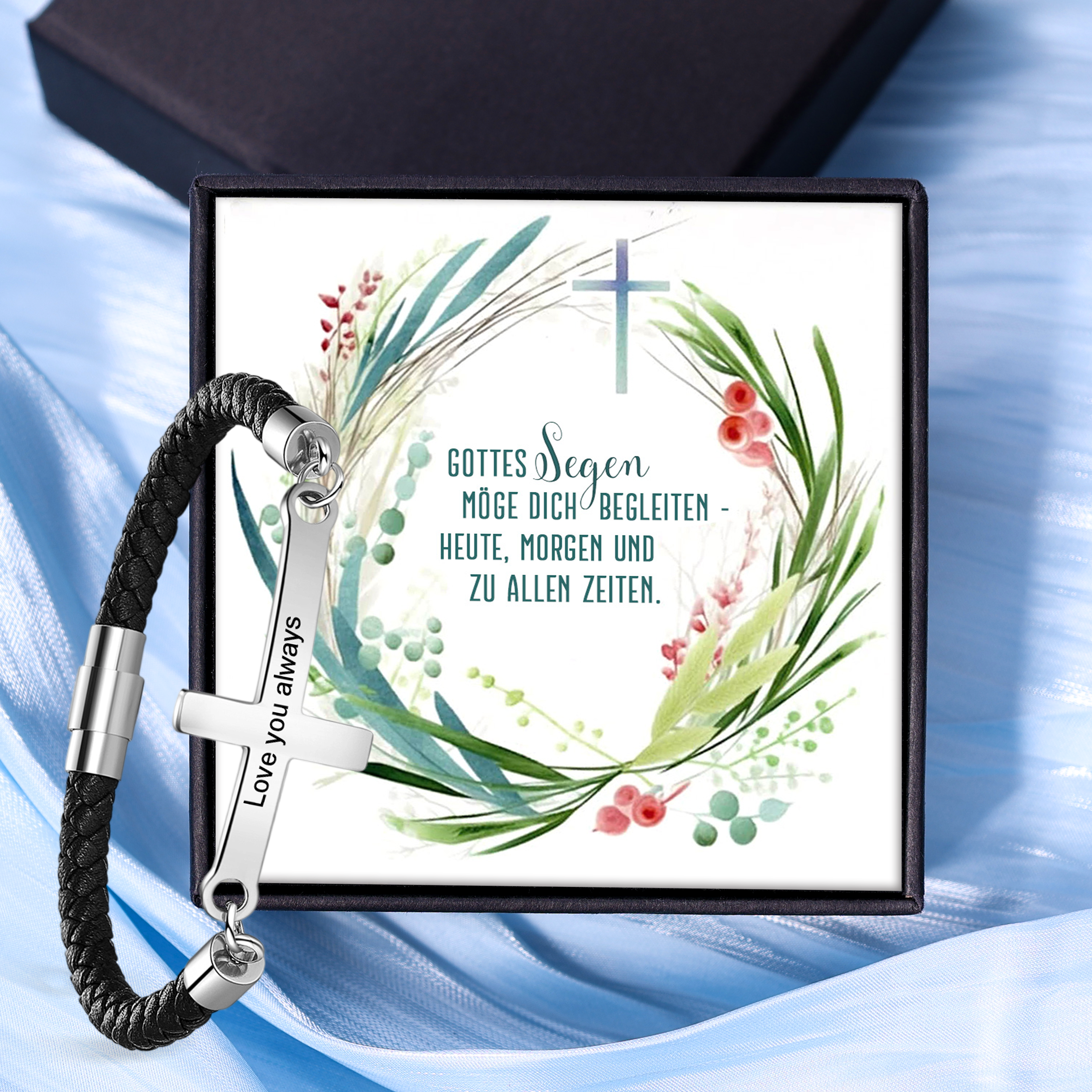 Kommunion Herren Lederarmband mit Kreuz personalisierter Armband mit Grauvr