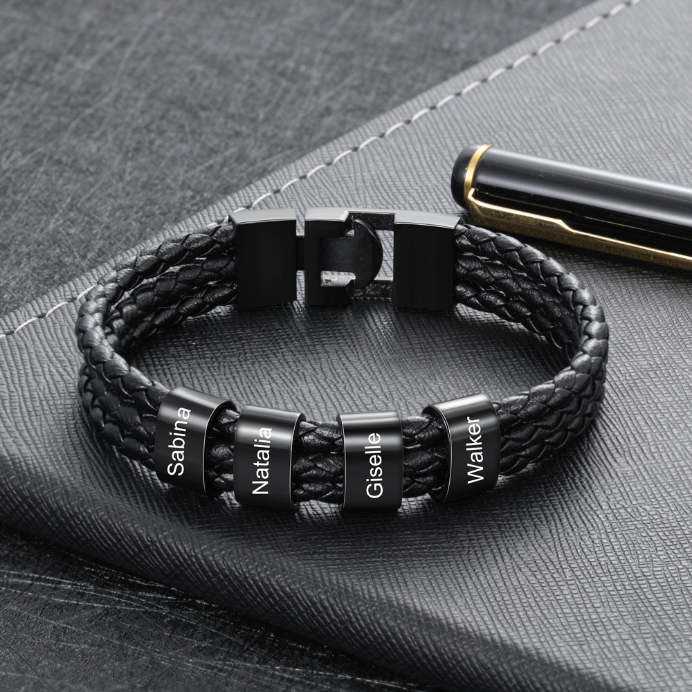 Personalisierte 4 Namen Stammbaum-Namenskette mit 4 Geburtssteinen & 4 Namen Herren Armband Geschenkbox-Set