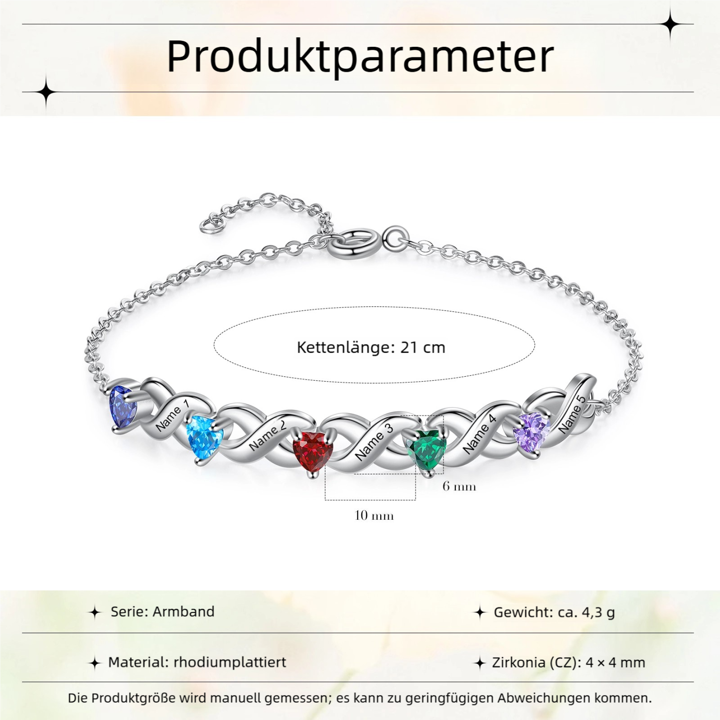 Personalisiertes Herzarmband mit 1-5 Namen & Geburtssteinen