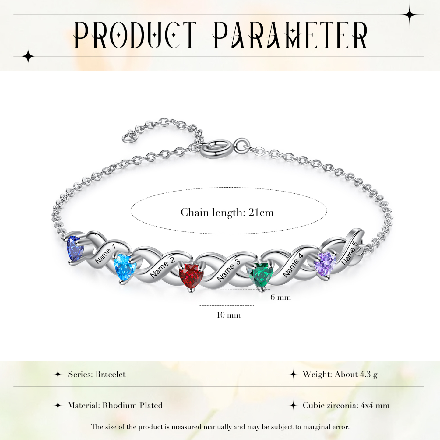 Personalisierter 5 Namen Silbernes Halskette & Armband mit 5 Herz-Geburtssteinen Geschenkbox-Set