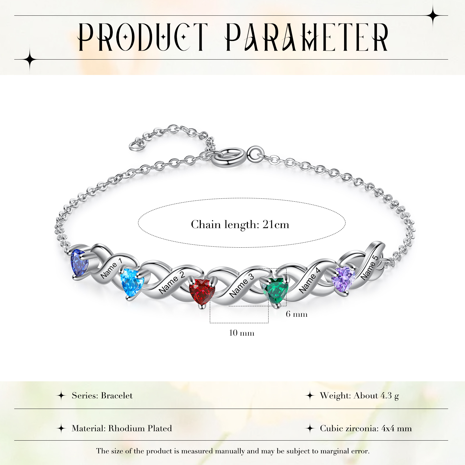 Personalisierter 5 Namen Silbernes Halskette & Armband mit 5 Herz-Geburtssteinen Geschenkbox-Set
