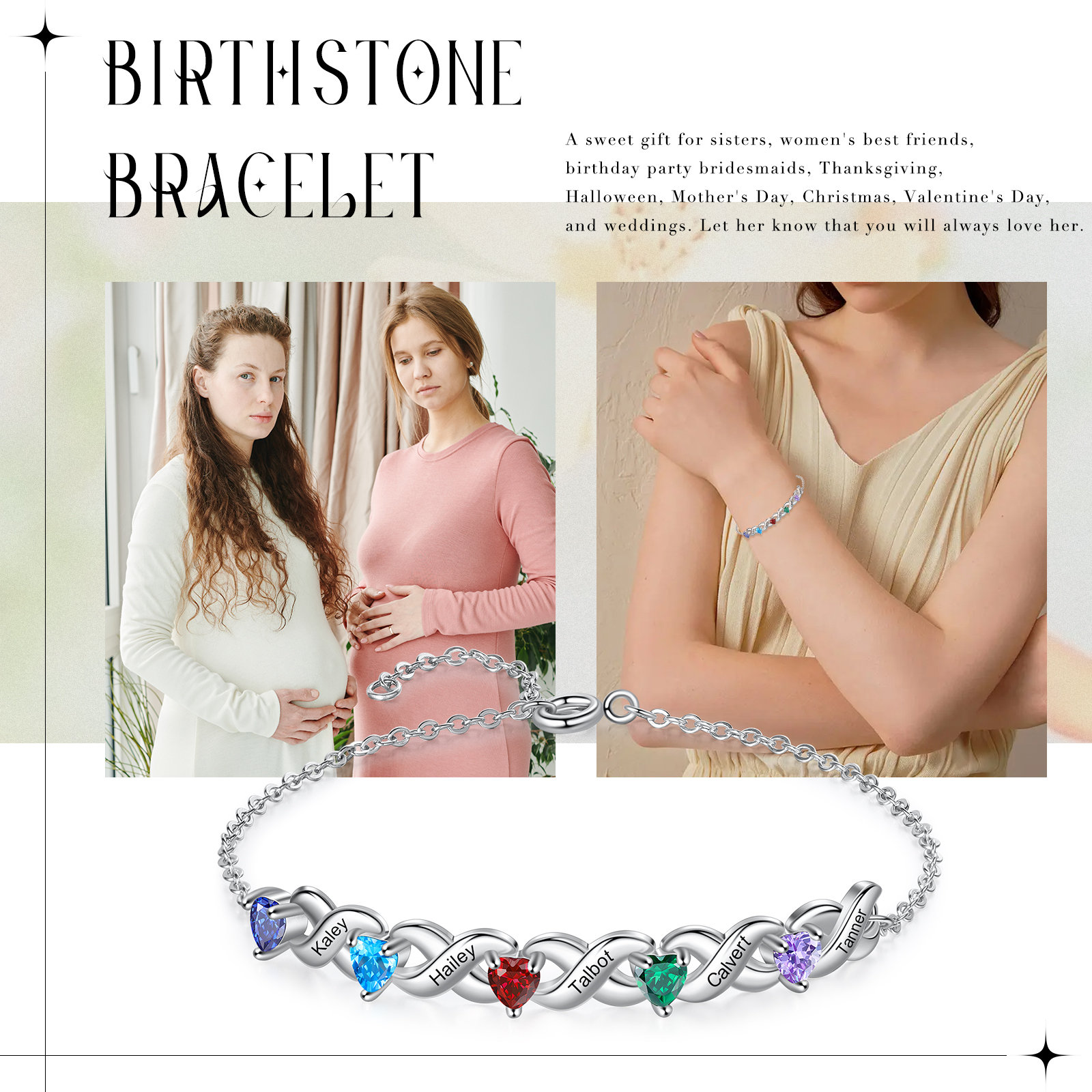 Personalisierter 5 Namen Silbernes Halskette & Armband mit 5 Herz-Geburtssteinen Geschenkbox-Set