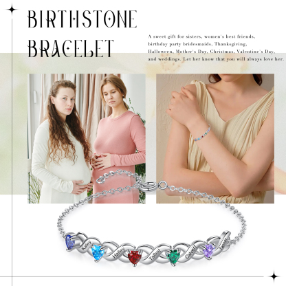 Personalisierter 5 Namen Silbernes Halskette & Armband mit 5 Herz-Geburtssteinen Geschenkbox-Set