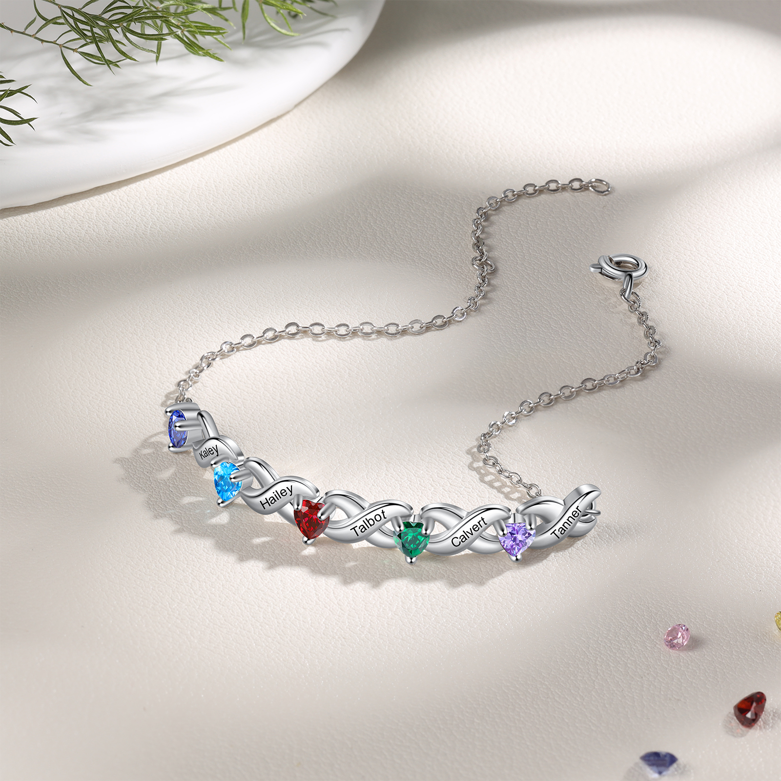 Personalisierter 5 Namen Silbernes Halskette & Armband mit 5 Herz-Geburtssteinen Geschenkbox-Set