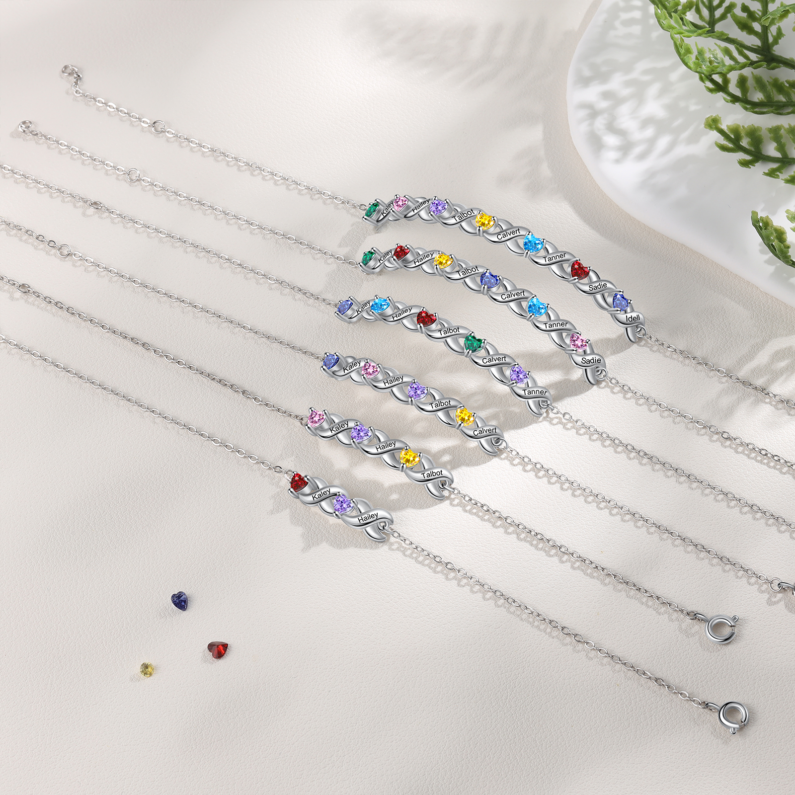 Personalisierter 5 Namen Silbernes Halskette & Armband mit 5 Herz-Geburtssteinen Geschenkbox-Set