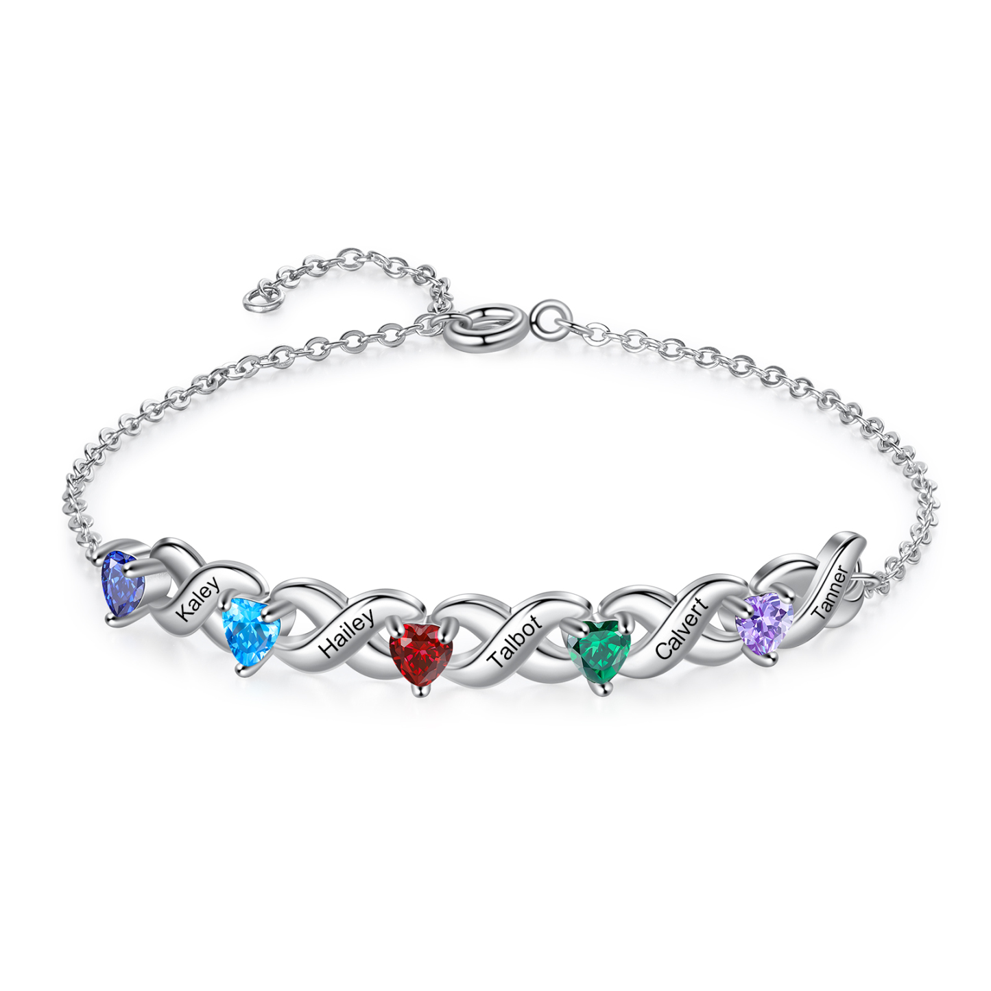 Personalisierter 5 Namen Silbernes Halskette & Armband mit 5 Herz-Geburtssteinen Geschenkbox-Set