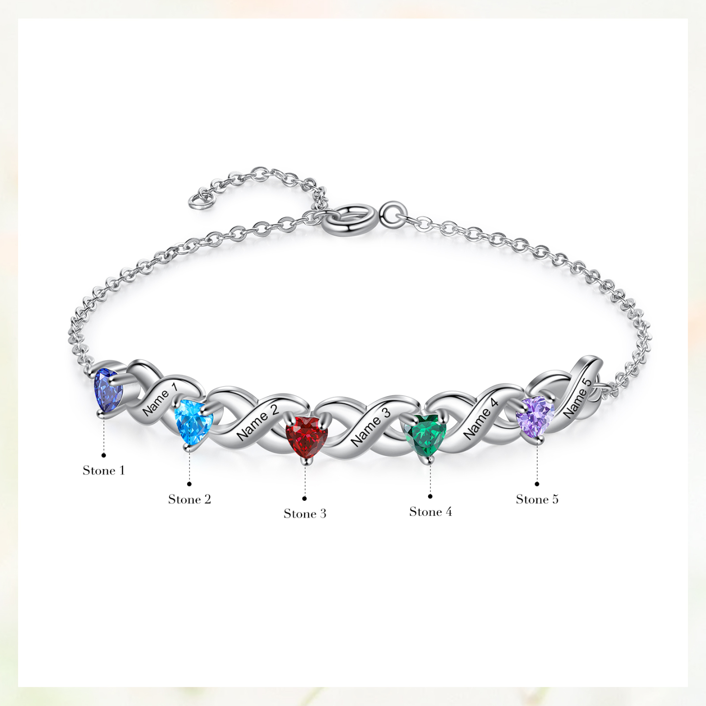 Personalisierter 5 Namen Silbernes Halskette & Armband mit 5 Herz-Geburtssteinen Geschenkbox-Set