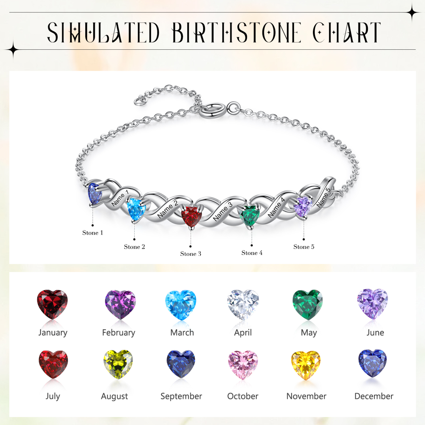 Personalisierter 5 Namen Silbernes Halskette & Armband mit 5 Herz-Geburtssteinen Geschenkbox-Set