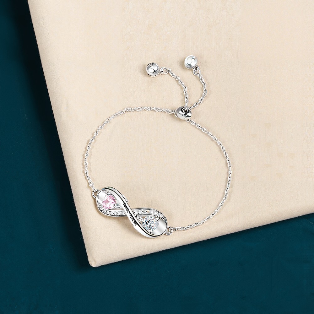 Infinity-Armband personalisiert mit 2 Namen & Geburtssteinen – verstellbar