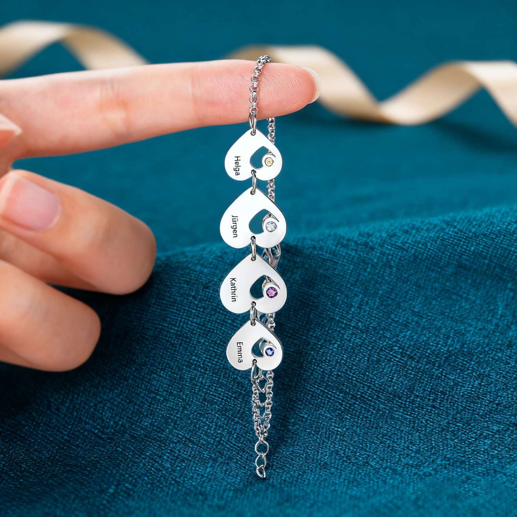 Herz-Armband mit Gravur von 1–6 Namen & Geburtssteinen