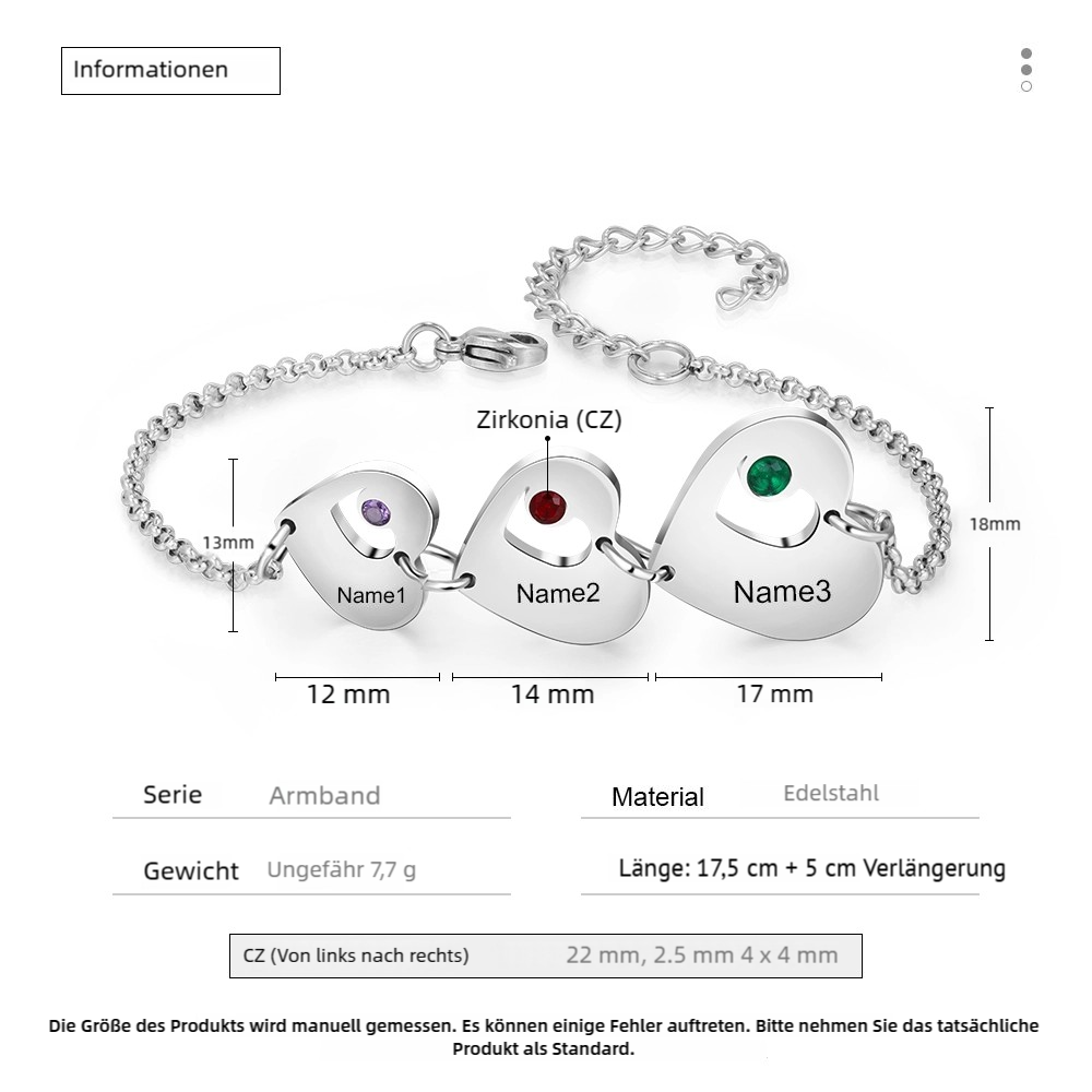 Herz-Armband mit Gravur von 1–6 Namen & Geburtssteinen