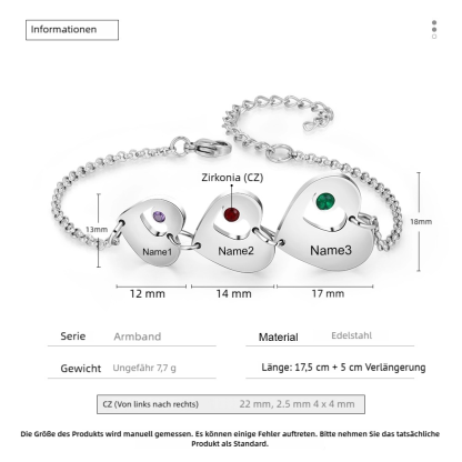 Herz-Armband mit Gravur von 1–6 Namen & Geburtssteinen