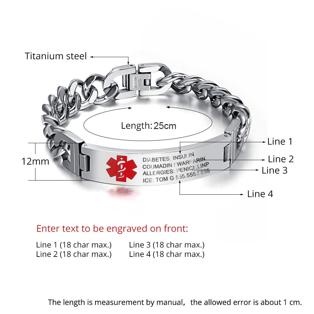 Personalisierte 4 Texte Edelstahl Notfall-Medizin-Armband in Silber/ Schwarz/ Golden Farben