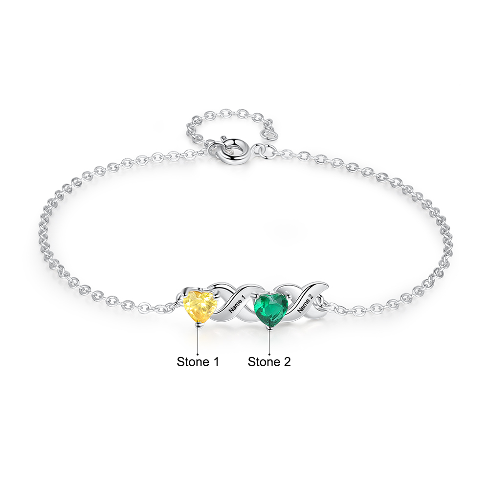 Personalisierter 2 Namen & 2 Geburtssteinen Silbernes Armband & Halskette Geschenkbox-Set