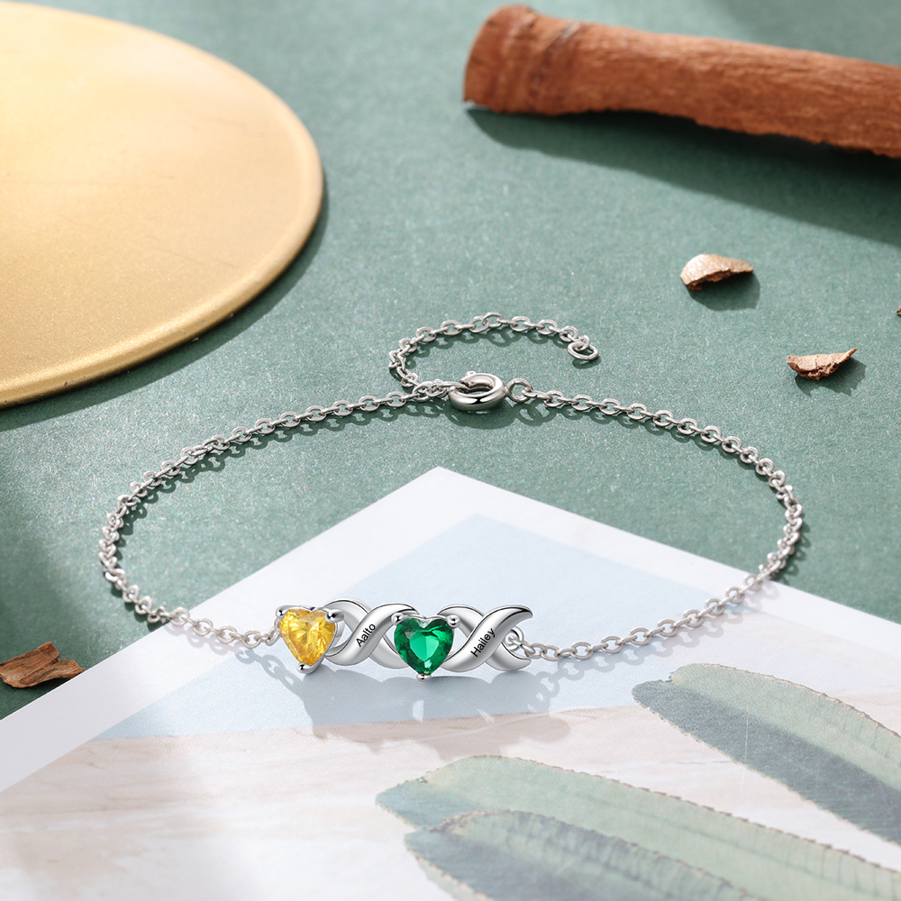 Personalisierter 2 Namen & 2 Geburtssteinen Silbernes Armband & Halskette Geschenkbox-Set