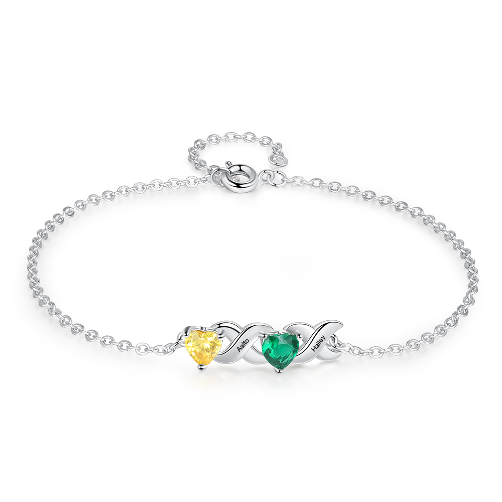 Personalisierter 2 Namen & 2 Geburtssteinen Silbernes Armband & Halskette Geschenkbox-Set