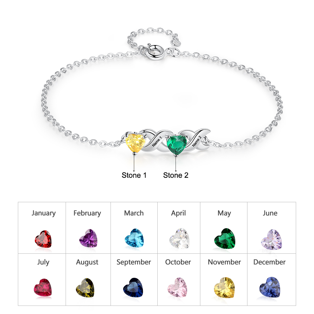 Personalisierter 2 Namen & 2 Geburtssteinen Silbernes Armband & Halskette Geschenkbox-Set