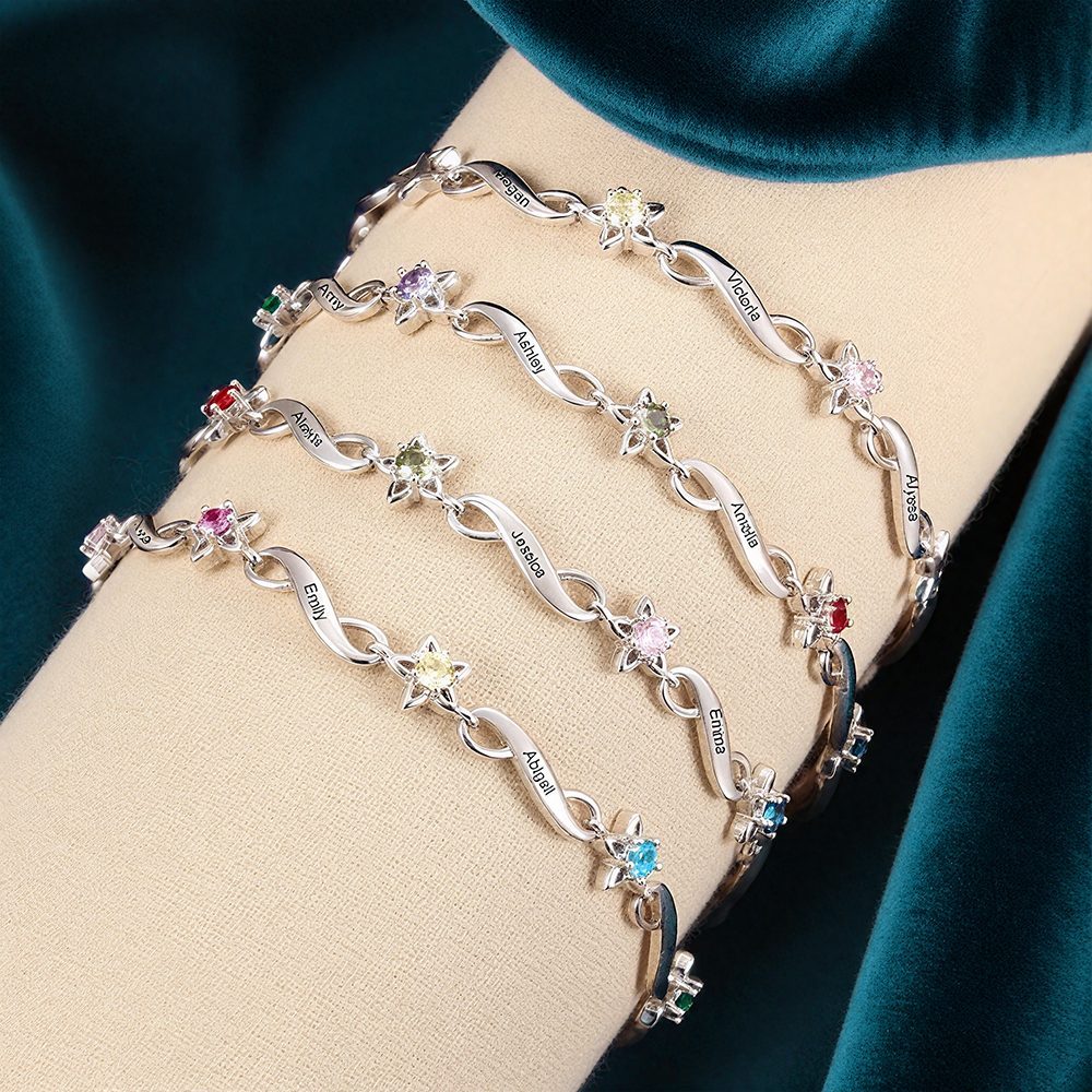 Personalisierbares Infinity Stern Armband mit 2–7 Namen und Geburtssteinen