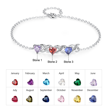 Personalisierter 3 Namen Silbernes Halskette & Armband mit 2 Herz-Geburtssteinen Geschenkbox-Set