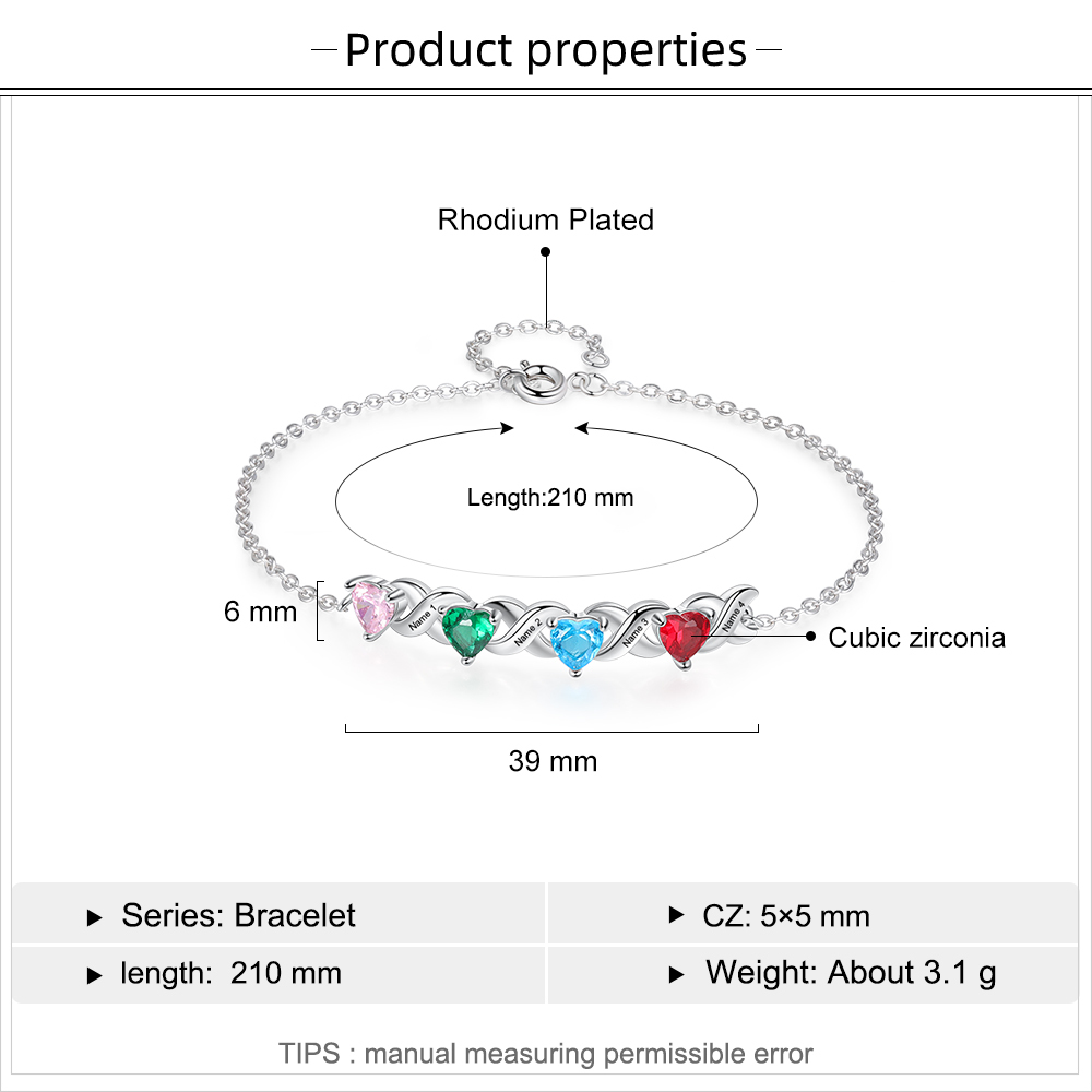 Personalisierter 4 Namen Silbernes Halskette & Armband mit 2 Herz-Geburtssteinen Geschenkbox-Set