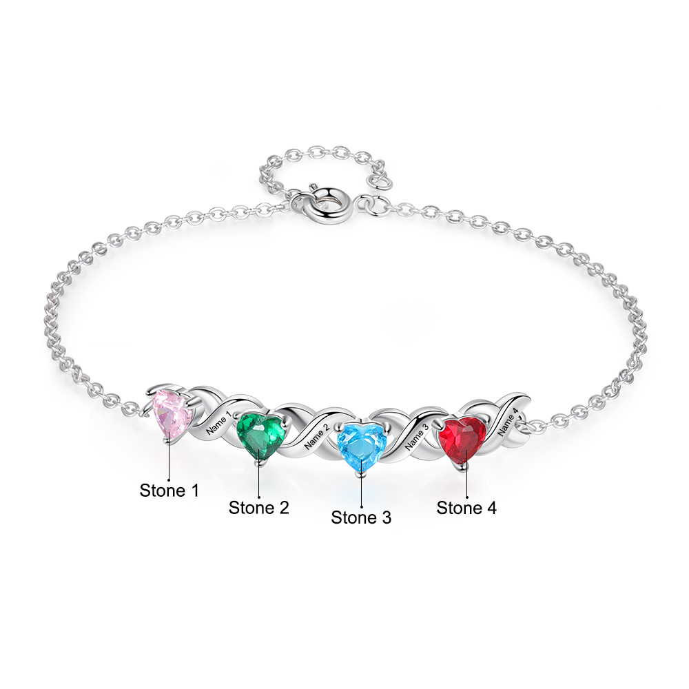 Personalisierter 4 Namen Silbernes Halskette & Armband mit 2 Herz-Geburtssteinen Geschenkbox-Set