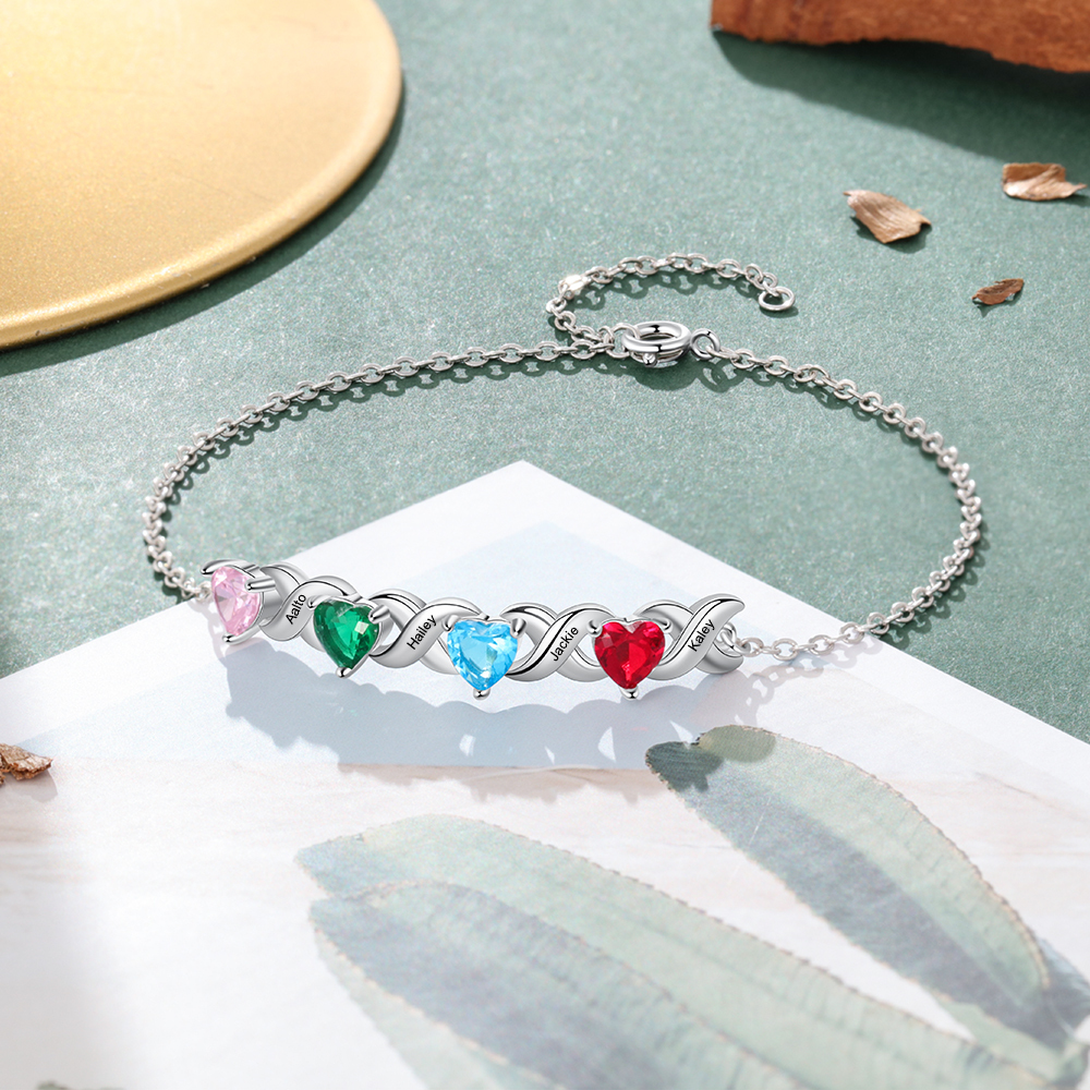 Personalisierter 4 Namen Silbernes Halskette & Armband mit 2 Herz-Geburtssteinen Geschenkbox-Set