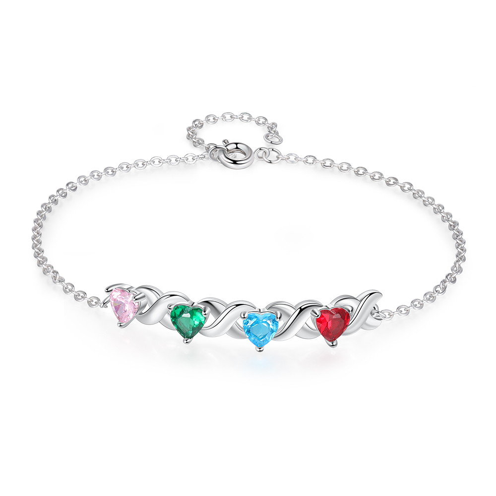 Personalisierter 4 Namen Silbernes Halskette & Armband mit 2 Herz-Geburtssteinen Geschenkbox-Set