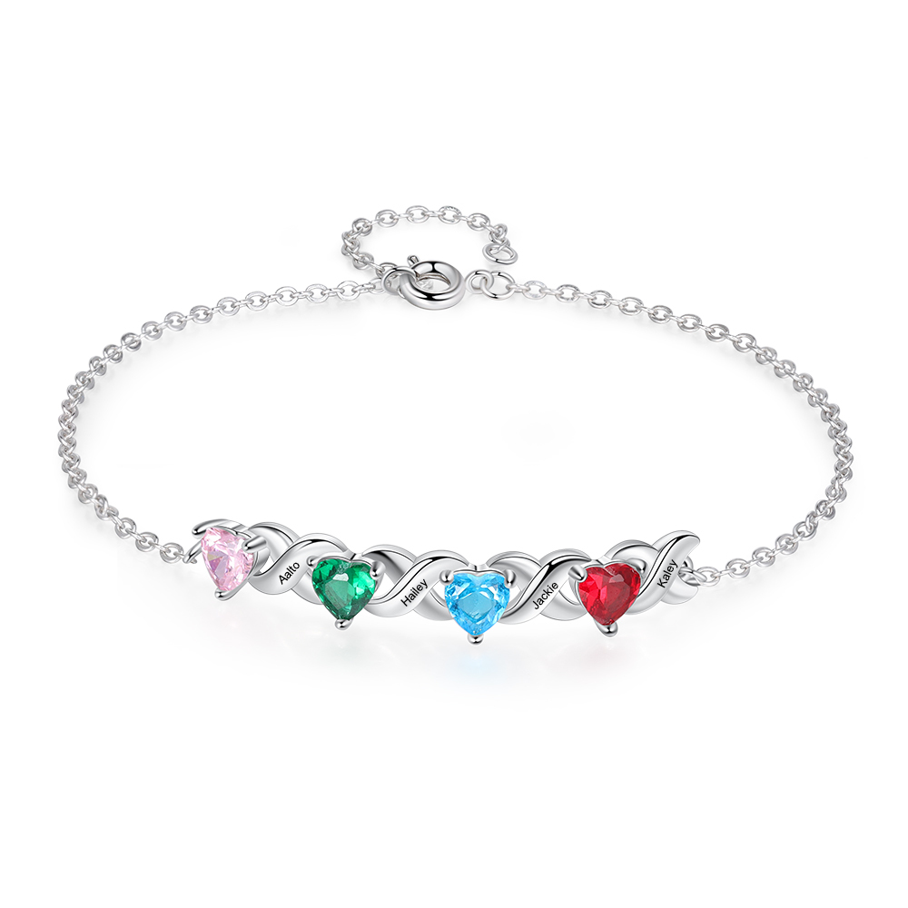 Personalisierter 4 Namen Silbernes Halskette & Armband mit 2 Herz-Geburtssteinen Geschenkbox-Set