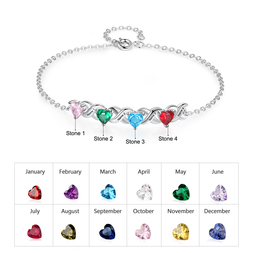 Personalisierter 4 Namen Silbernes Halskette & Armband mit 2 Herz-Geburtssteinen Geschenkbox-Set